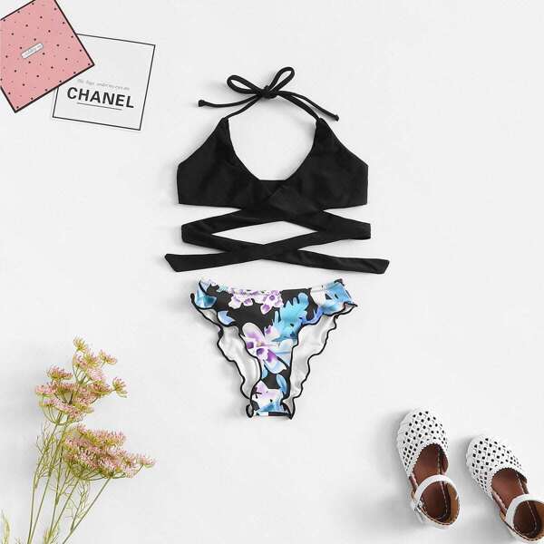 

Toddler Girls Flower Print Wrap Bikini Set
