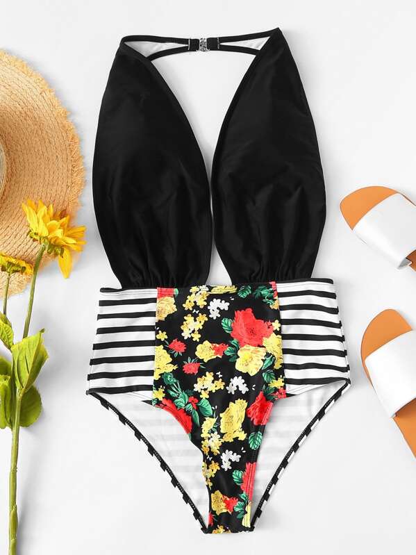 

Floral & Striped High Waist One Piece Swimsuit, Multicolor