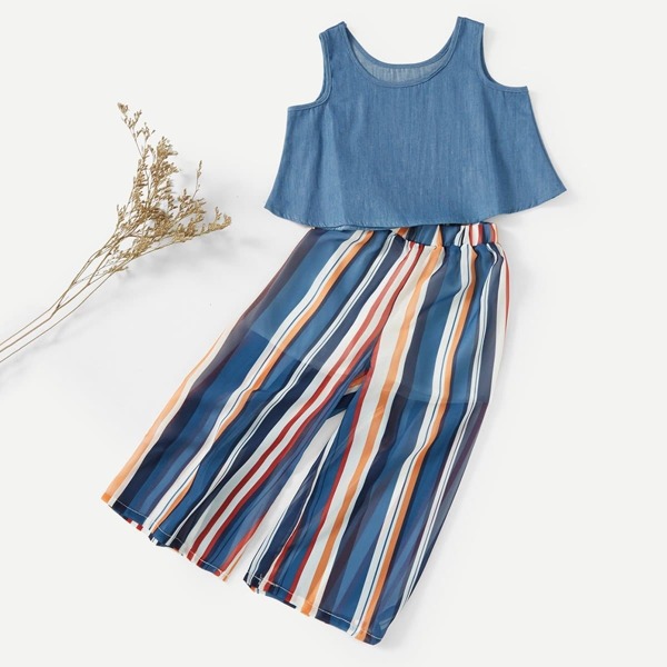 

Girls Crop Vest With Striped Wide Leg Pants, Multicolor