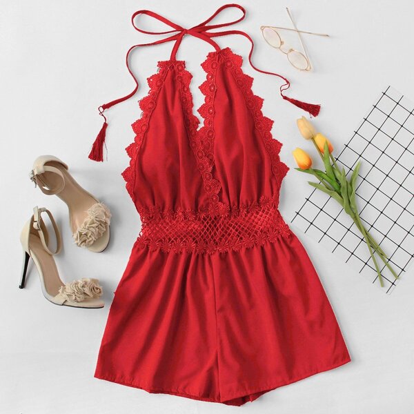 

Lace Trim Open Back Halter Romper, Red