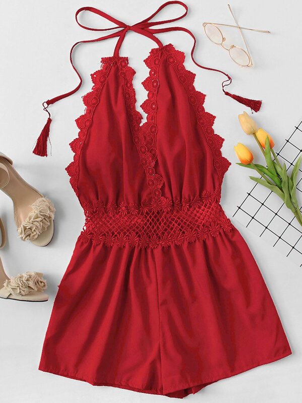

Lace Trim Open Back Halter Playsuit, Red