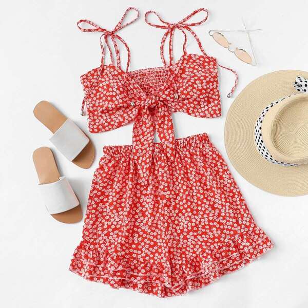 

Knot Front Floral Cami With Shorts, Red