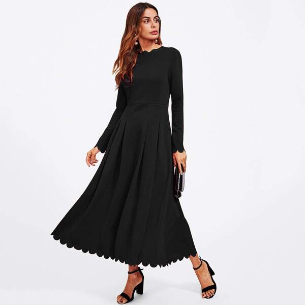 

Scallop Trim Box Pleat Flowy Dress