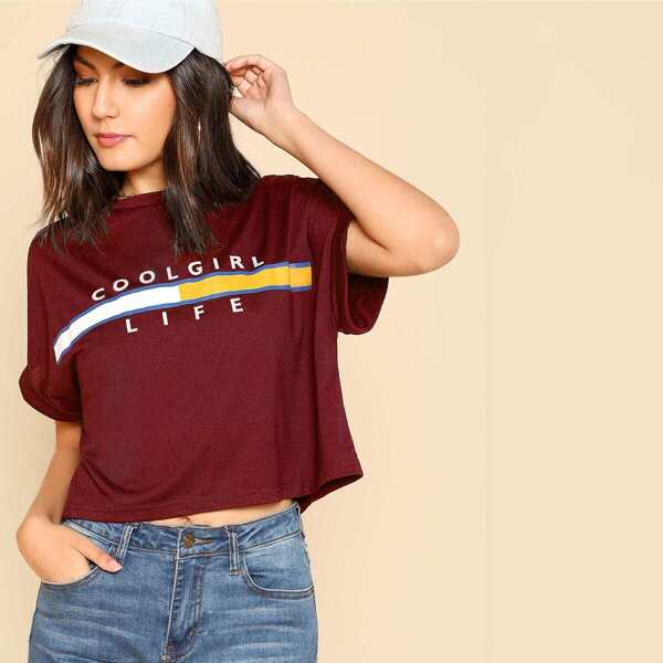 

Letter Print Roll Up Sleeve Boxy Tee