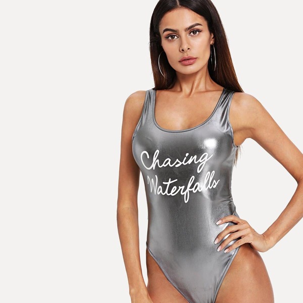 

Slogan Graphic Bodysuit, Grey
