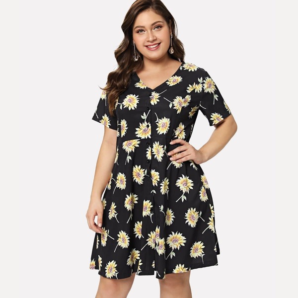

Plus Floral Button Dress, Multicolor