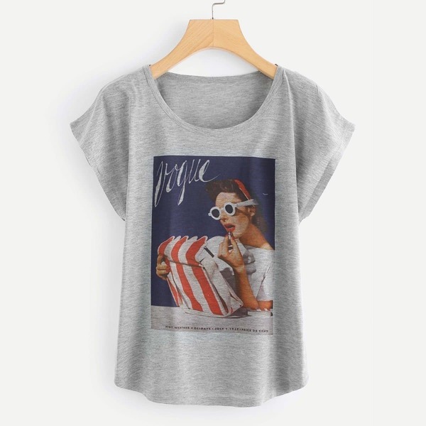 

Graphic Print Dolman Sleeve Tee, Grey