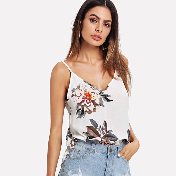 

Double V-Neck Floral Cami Top, Beige