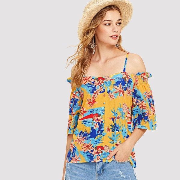 

Frill Trim Jungle Print Blouse