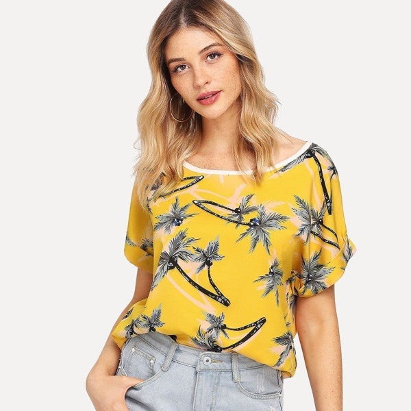 

Tropical Print Roll Up Sleeve Blouse
