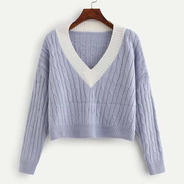 

Contrast Tape Neck Cable-Knit Sweater