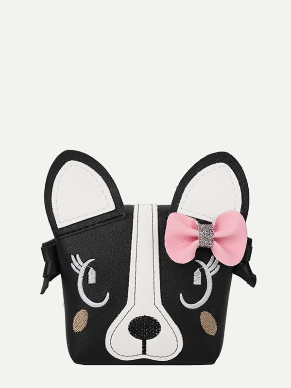 

Embroidery Decor Bow Cartoon Shoulder Bag, Black and white