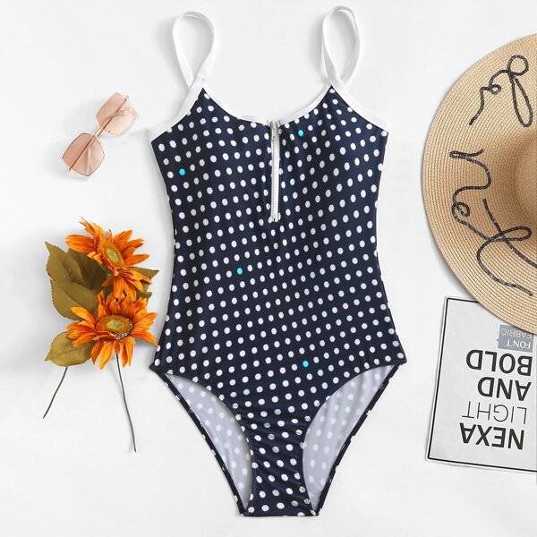 

Plus Dot Print Zipper Front One Piece Swimsuit