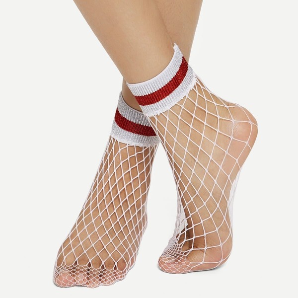 

Striped Hem Net Socks, White