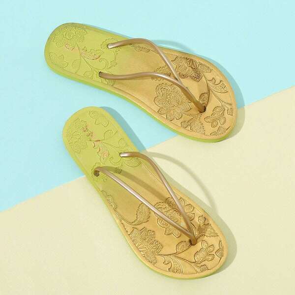 

Flower Pattern Flat Slippers, Gold