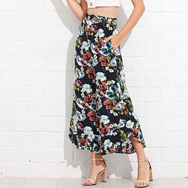 

Floral Print Wide Leg Pants, Navy