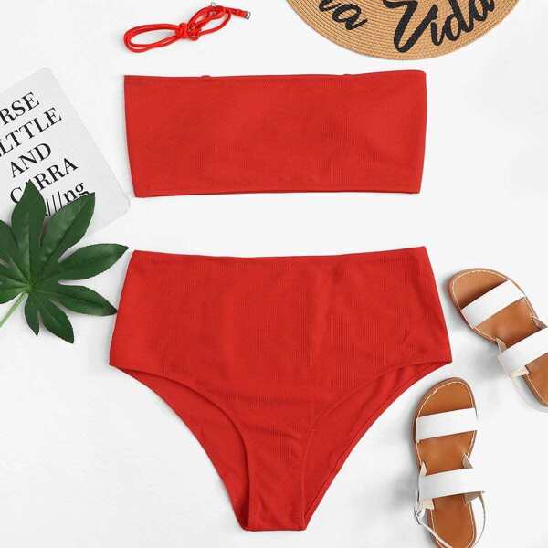 

Plus Bandeau With Rib Knit Bikini Set, Red