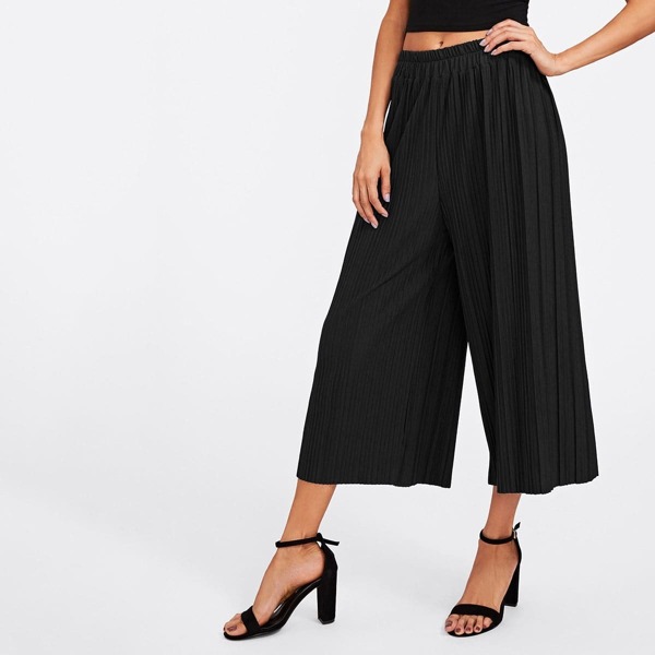 

Elastic Waist Pleated Wide Leg Pants, Black