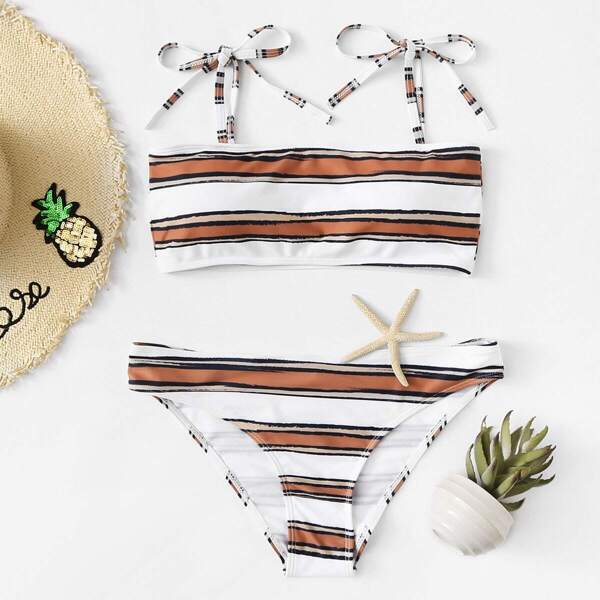 

Striped Self Tie Top With Seam Trim Bikini Set, Multicolor