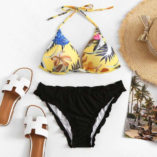 

Floral Halter Top With Frill Hem Bikini