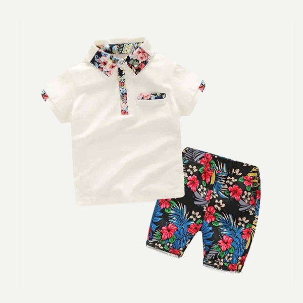 

Boys Floral Print Polo Shirt With Shorts