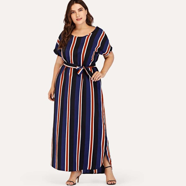 

Plus Tie Waist Striped Dress