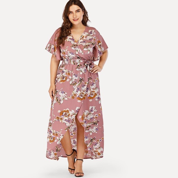

Plus Self Tie Waist Floral Print Dress