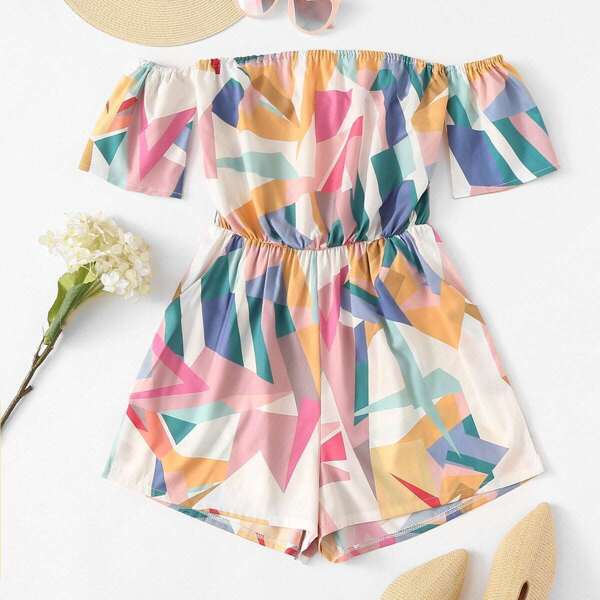 

Off Shoulder Geo Print Romper