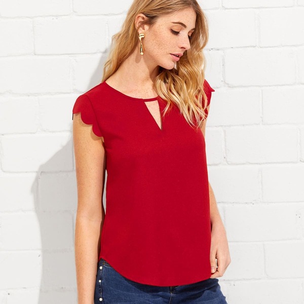 

V Notch Scallop Trim Curved Hem Top