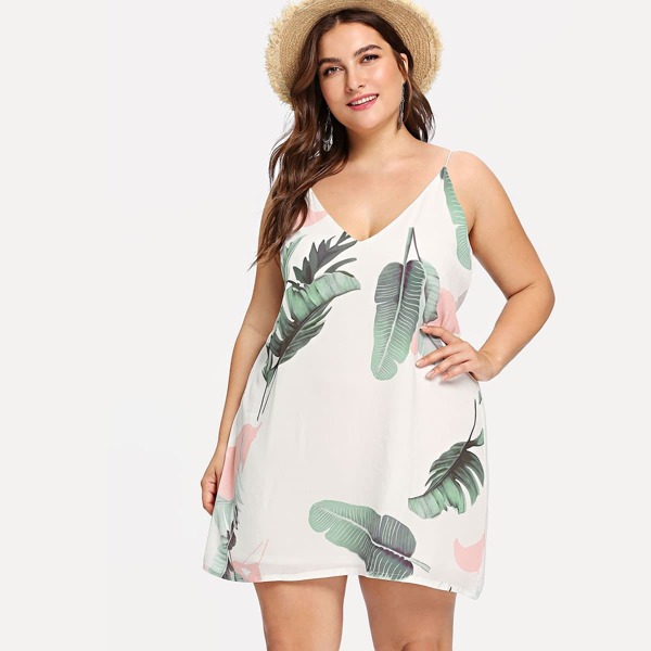 

Plus Jungle Leaf Print Cami Dress, Multicolor