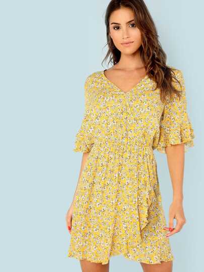 tiered flounce sleeve surplice wrap floral dress -shein(she