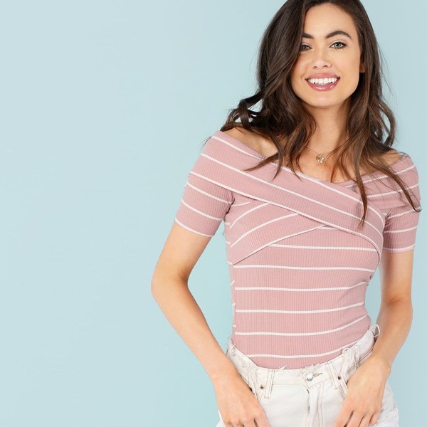 

Crisscross Bardot Striped Ribbed Tee