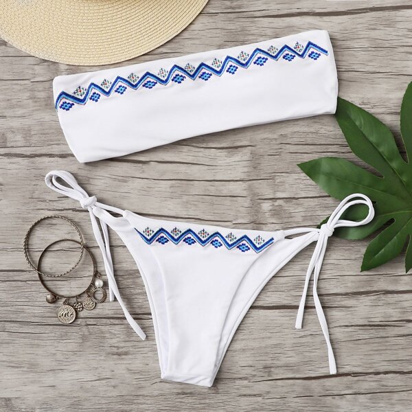 

Embroidered Bandeau Top With Tie Side Bikini Set