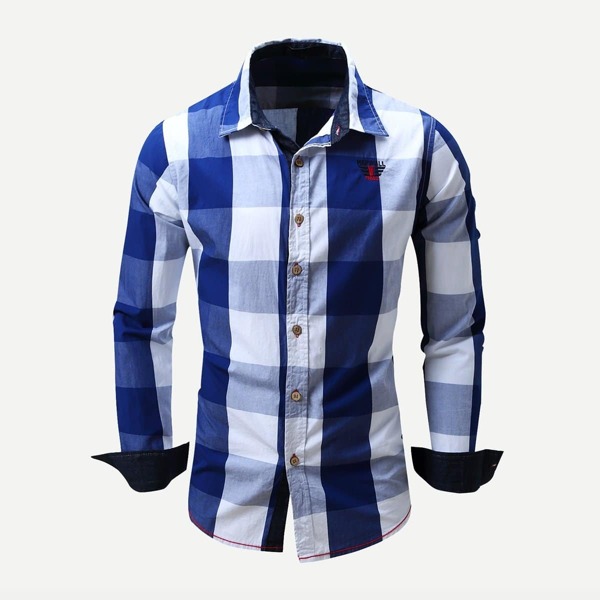 

Men Embroidery Detail Roll-Up Sleeve Plaid Shirt, Multicolor