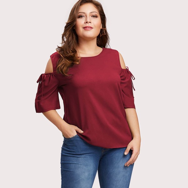 

Plus Cold Shoulder Drawstring Sleeve Keyhole Back Top