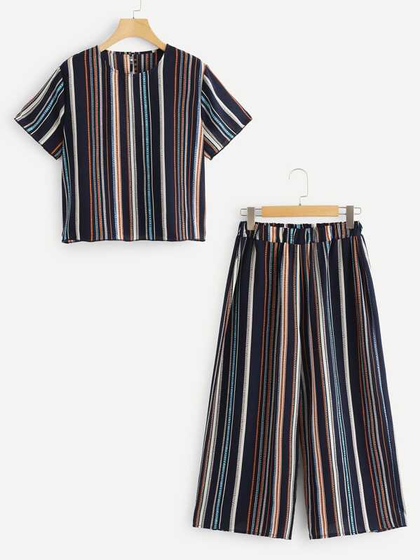 

Plus Round Neck Striped Top With Pants, Multicolor