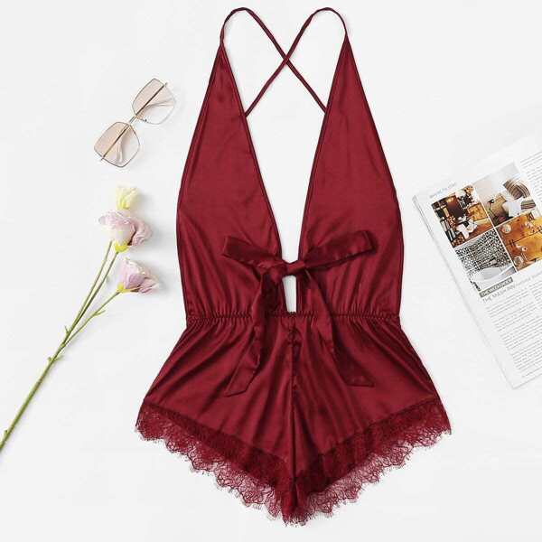 

Contrast Lace Deep-V Teddy Bodysuit