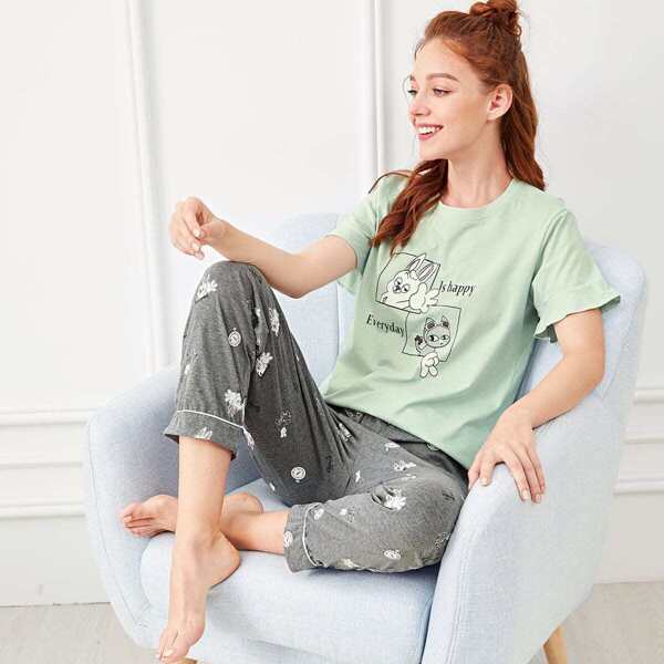 

Cartoon & Letter Graphic Pajama Set, Multicolor