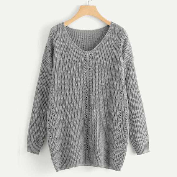 

V Neck Drop Shoulder Eyelet Sweater