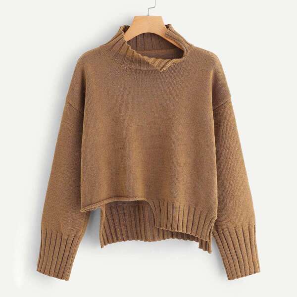 

Asymmetrical Hem Slit Detail Drop Shoulder Sweater, Brown