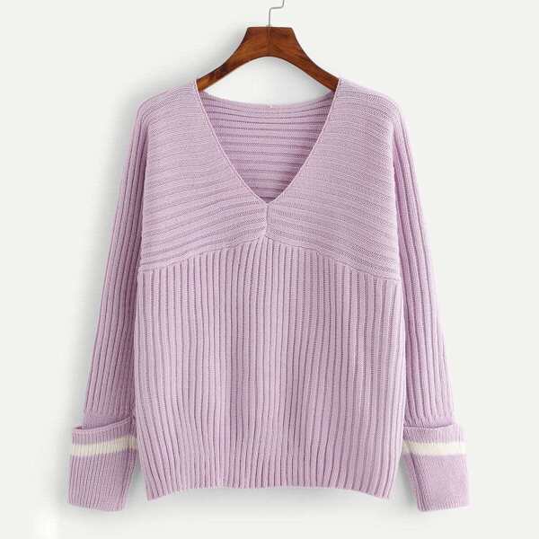 

Stripe Rolled Cuff V Neck Jumper