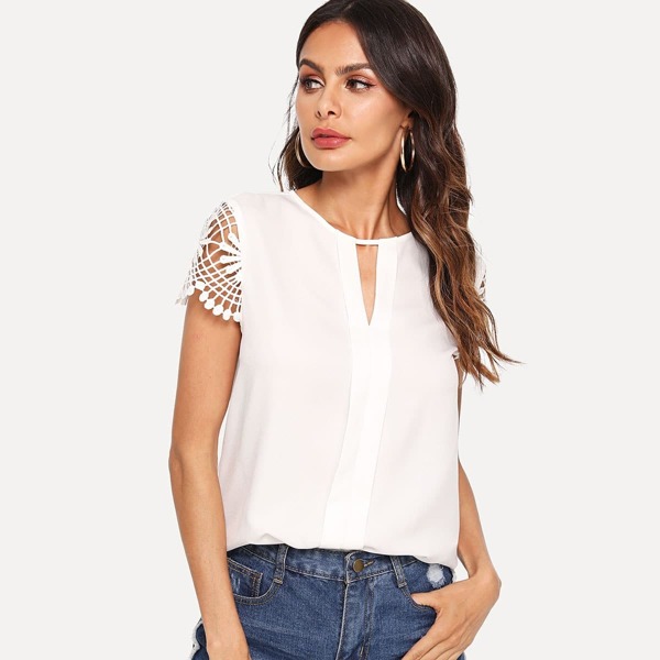 

Keyhole Neck Guipure Lace Sleeve Top, White