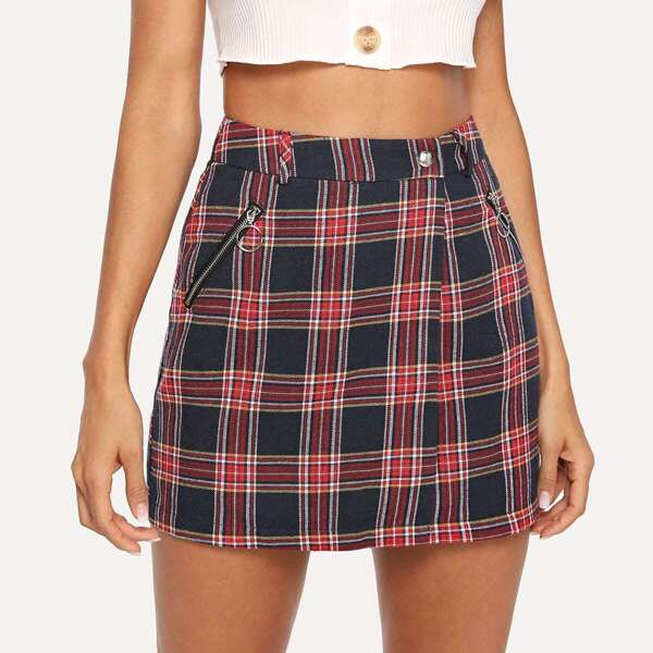 

Zipper & Pocket Up Plaid Skirt