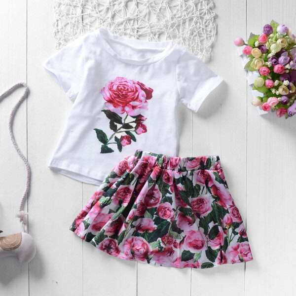 

Toddler Girls Rose Print Tee With Skirt, Multicolor