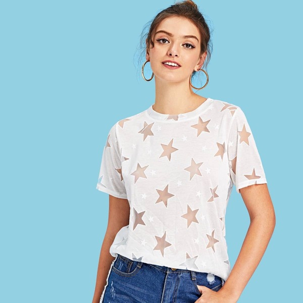 

Sheer Star Pattern Tee, White