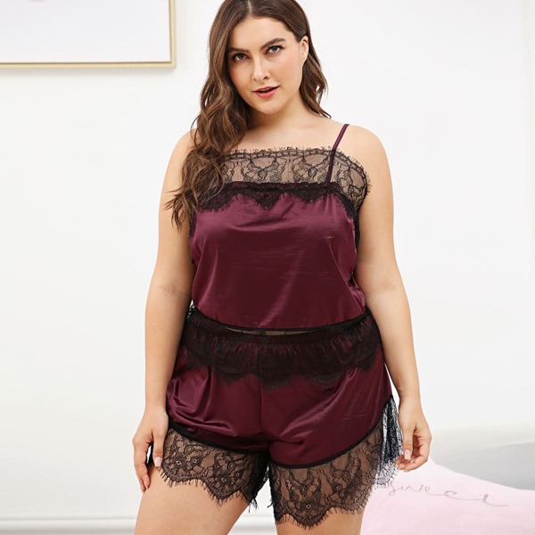 

Plus Contrast Lace Cami Pajama Set, Burgundy