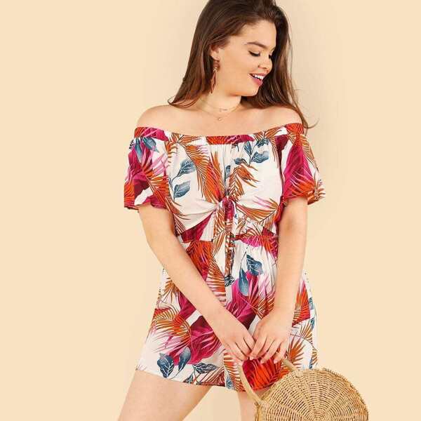 

Plus Palm Leaf Print Knot Front Romper, Multicolor