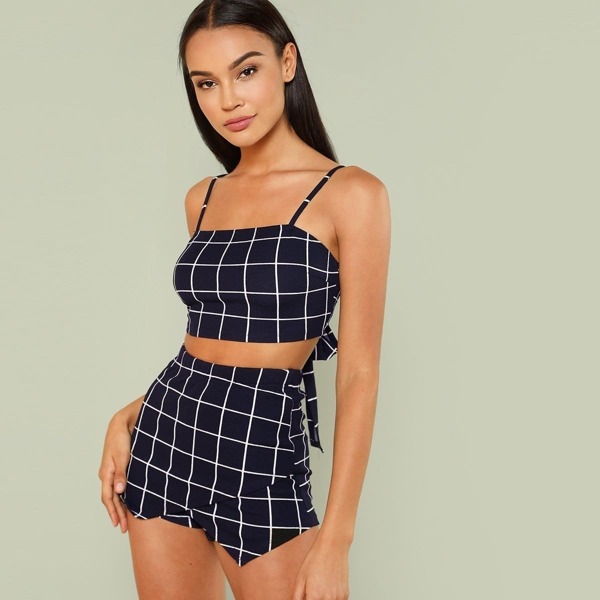 

Grid Crop Cami Top & Overlap Front Shorts Set, Navy