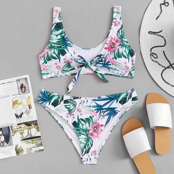 

Tropical Print Knot Front Bikini Set