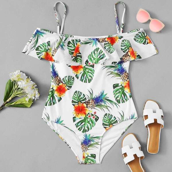 

Plus Tropical Print Flounce One Piece Swimsuit, Multicolor